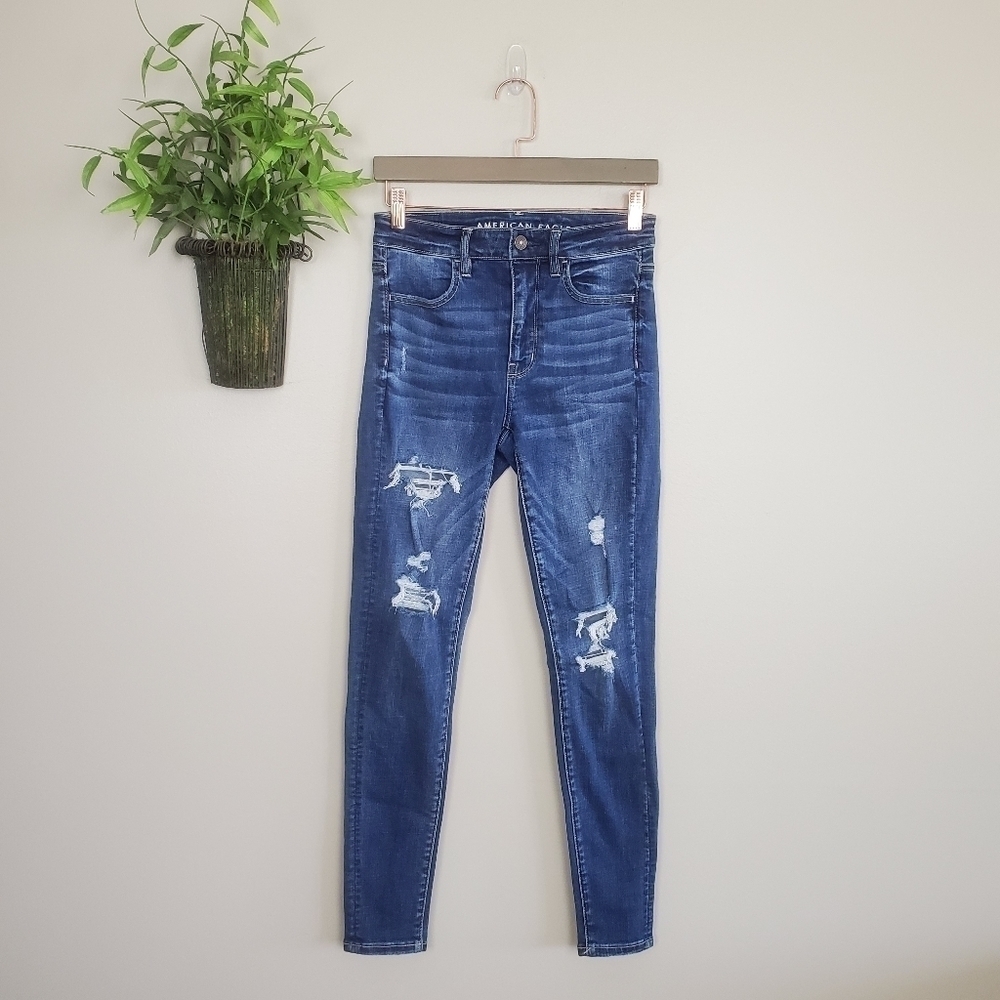 AE 2 American Eagle Skinny Jeans Super Hi Rise Jegging Ripped Distressed Stretch
